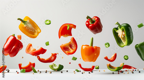 Wallpaper Mural Floating bell pepper in air, slices, with whole bell pepper on white background Torontodigital.ca