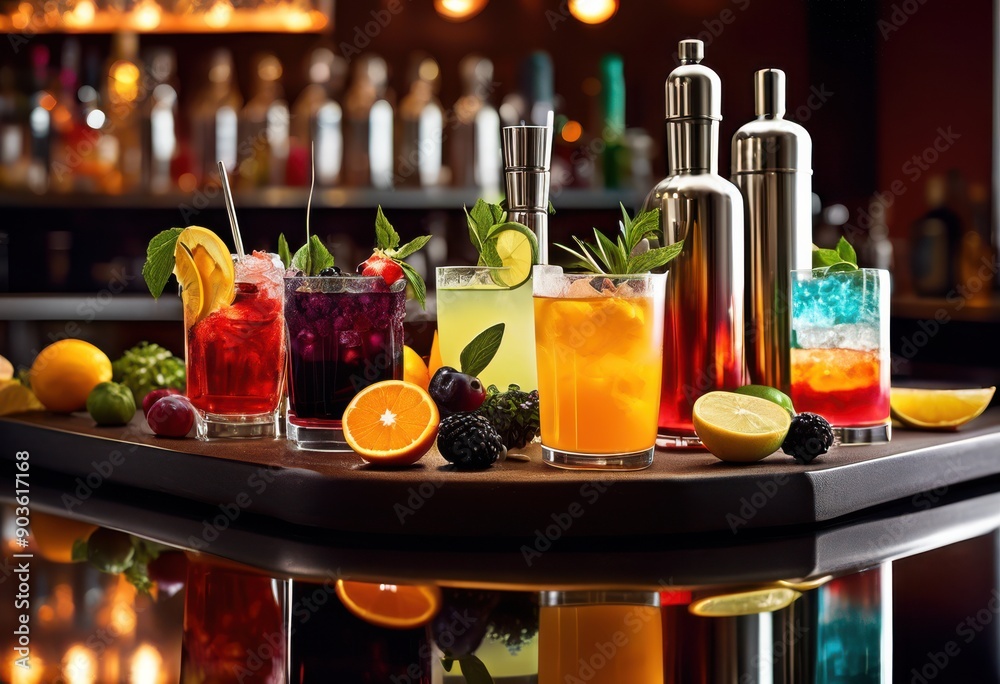 colorful cocktail ingredients displayed polished bar countertop sleek design elements, vibrant, drinks, mixology, glassware, shaker, ice, citrus colorful cocktail ingredients displayed polished bar countertop sleek design elements, vibrant, drinks, mixology, glassware, shaker, ice, citrus