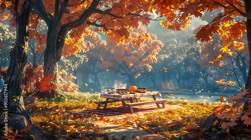 picnic table in the middle of an autumn forest surrounded by falling leaves and sunlight filtering through colorful trees cozy atmosphere photo