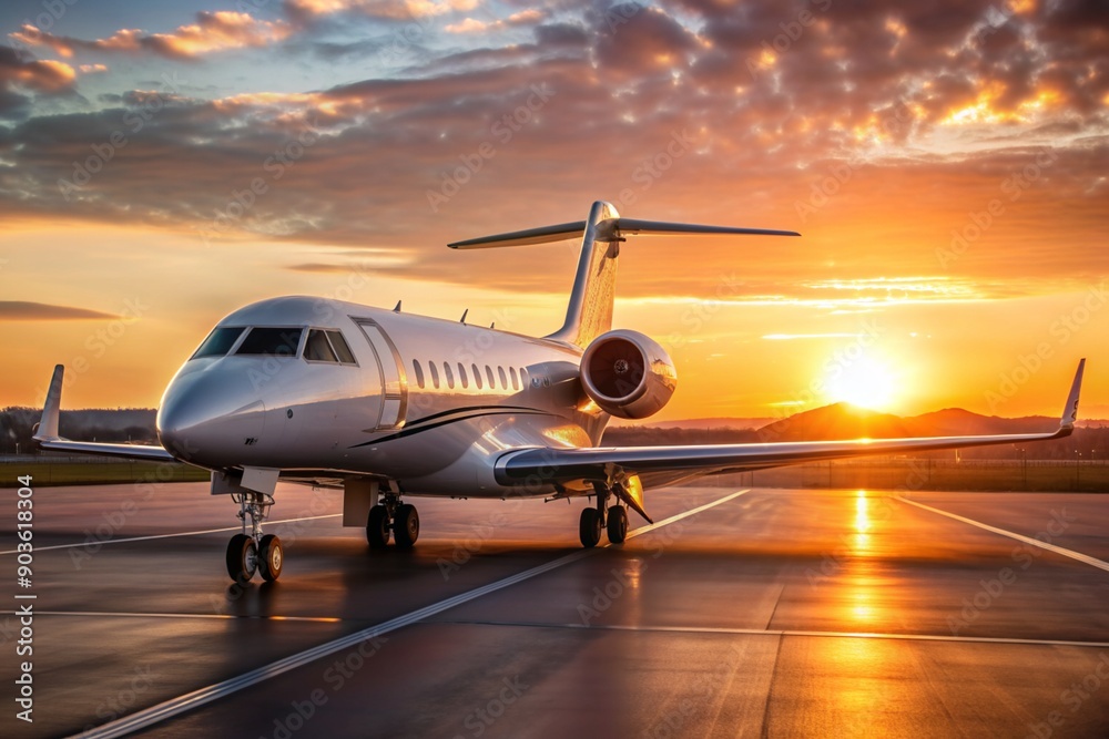A large white jet is parked on the runway at sunset A large white jet is parked on the runway at sunset