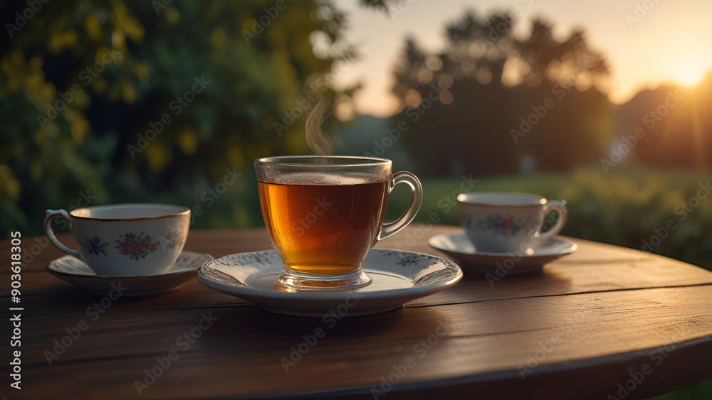 Cup of tea on table in the sunshine background. Cup of tea on table in the sunshine background.