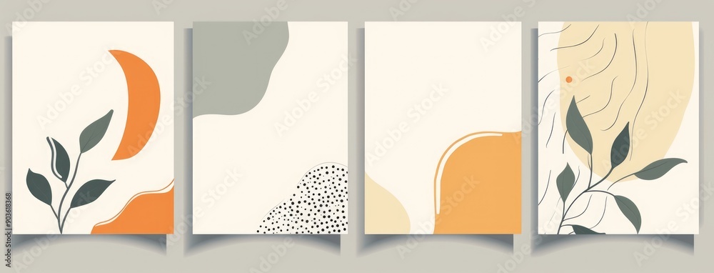 Abstract Minimalist Illustrations with Leaves and Geometric Shapes Abstract Minimalist Illustrations with Leaves and Geometric Shapes