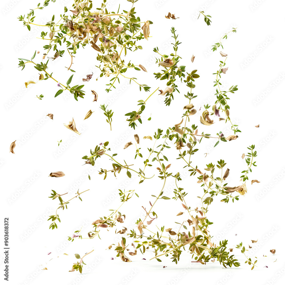 Floating dried thyme in air, on white background Floating dried thyme in air, on white background