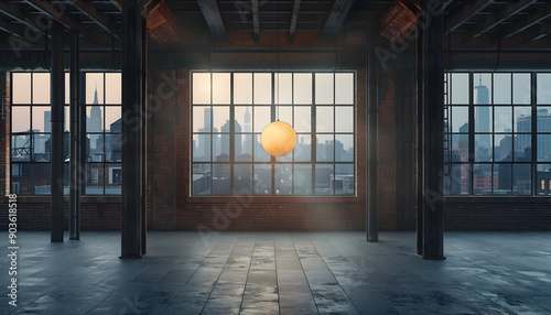 Empty industrial loft space with large windows overlooking a city skyline.