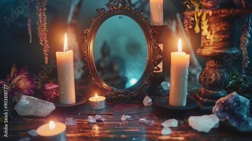 Ornate Mirror, Burning Candles, and Crystals on a Tabletop