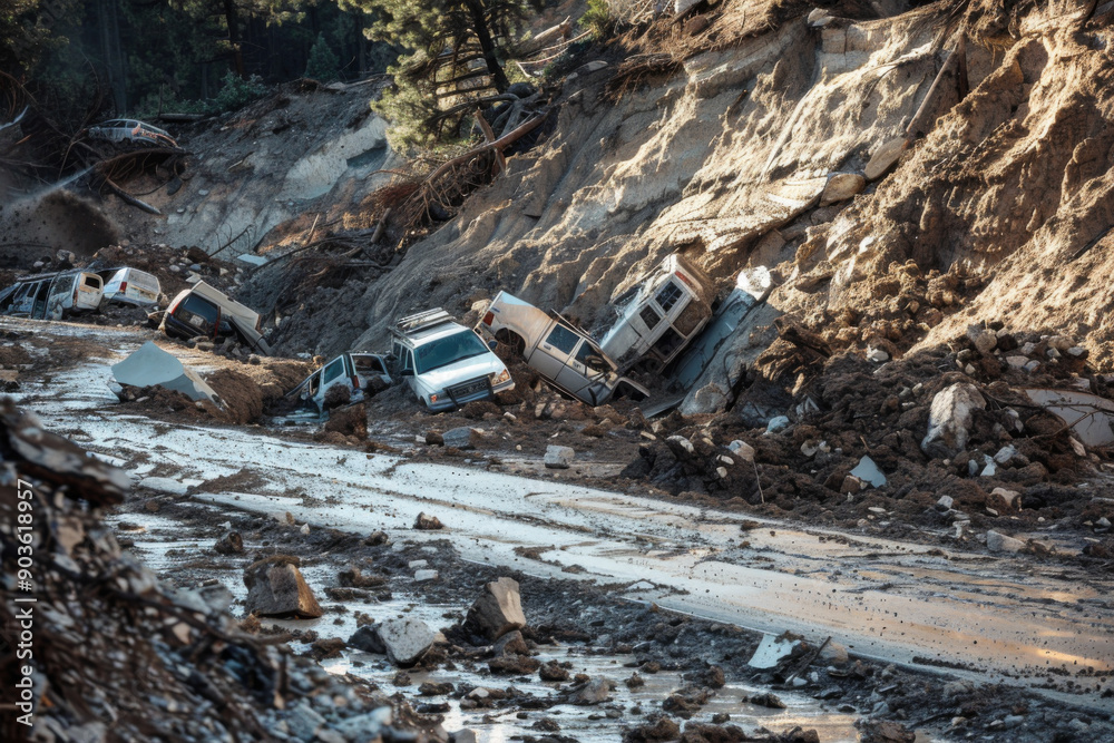 Obraz premium Cars Buried in Mud and Debris After a Landslide