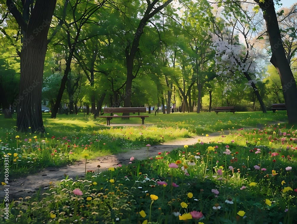 Park Bench in a Spring Meadow Illustration