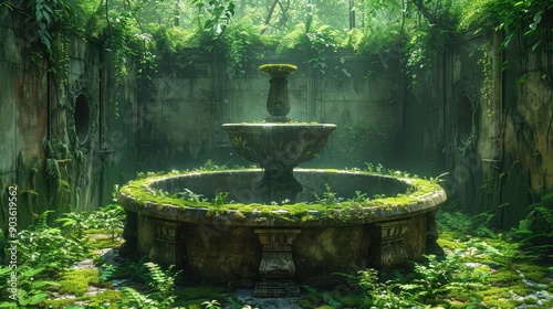 An ancient broken cracked stone fountain covered in moss and jungle plants in a tropical forest setting photo