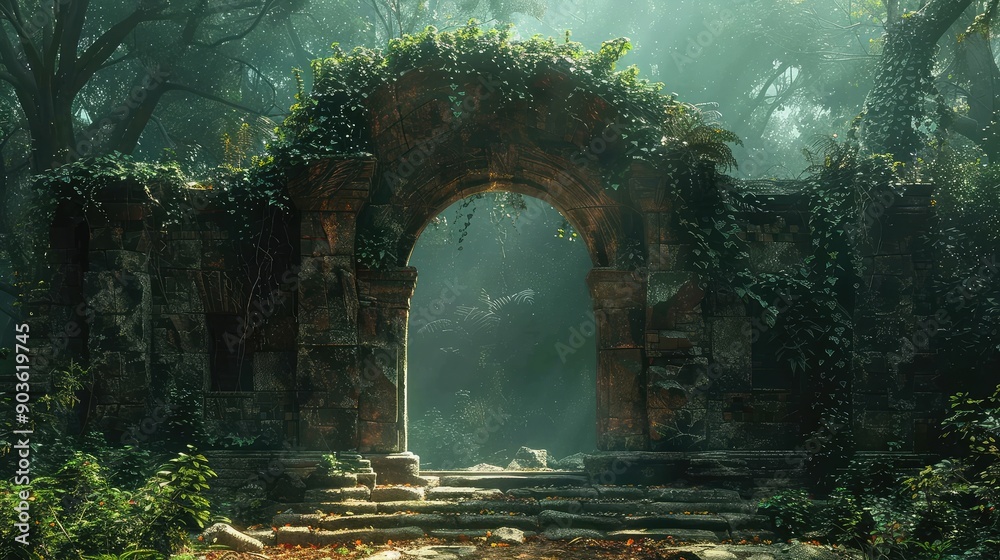 Fototapeta premium A cracked stone archway partially hidden by jungle vines and surrounded by dense foliage