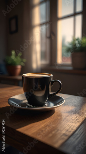 Cup of coffee on table on vertical background 8.