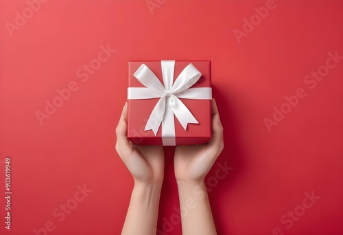 Red gift box with a white ribbon bow on a bright red background