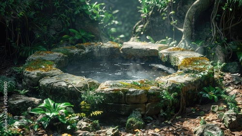 A cracked stone well partially hidden by jungle foliage with dense greenery and vines photo