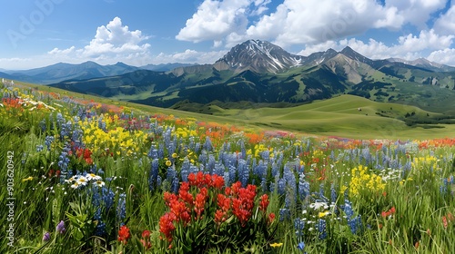 A panoramic view of a vast mountain plateau covered in wildflowers, creating a colorful carpet stretching to the horizon