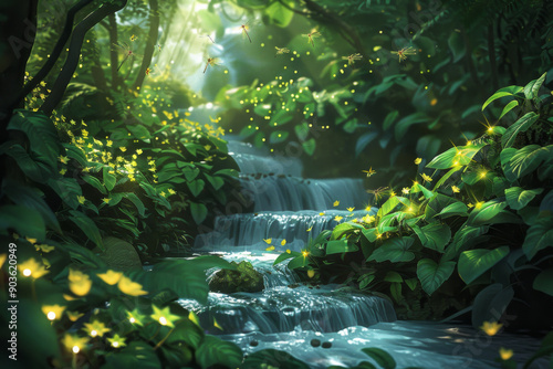 Tranquil Waterfall in a Lush Jungle with Fireflies and Dragonflies