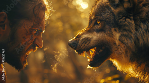 Intense Confrontation Between Man and Wolf, Dramatic Wilderness Encounter photo