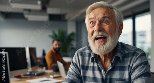 elderly bearded guy in office background looking happy amazed surpised wow shocked expression with copy space