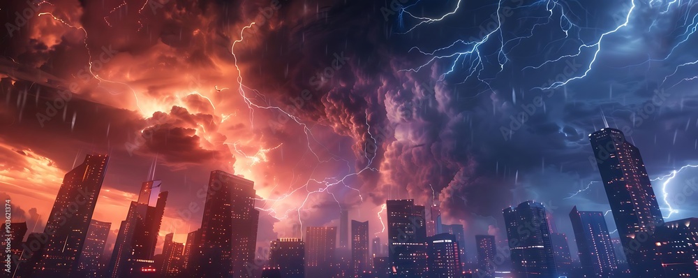 Cityscape with Lightning and Rain Illustration Cityscape with Lightning and Rain Illustration