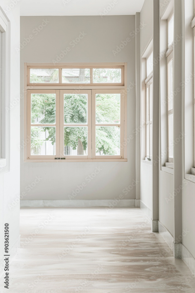 Fototapeta premium Property interiors design composition with minimal furniture, a mirror next to a large window and plain lighting. Elegant Residential interiors with copyspace.