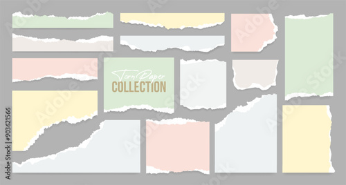 Realistic torn or ripped paper strip, note sheet and notebook scrap collection with grunge texture. Torn newspaper piece and sticky office note set with damaged border. Business message page clip art.