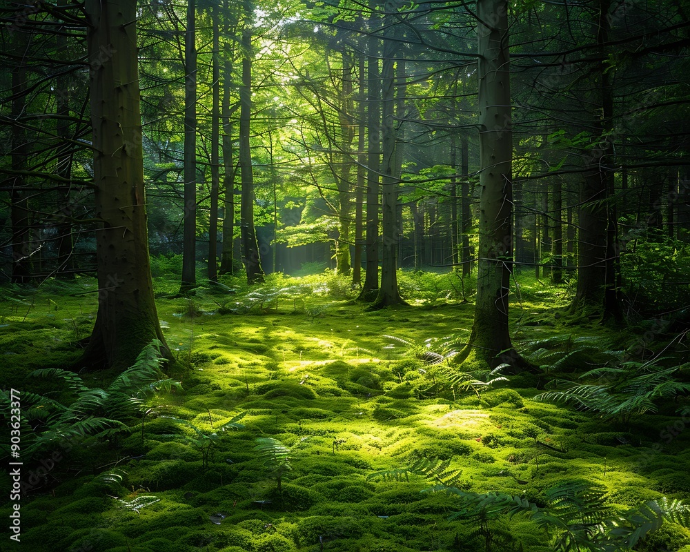 Fototapeta premium A serene forest glade with a carpet of moss and ferns, surrounded by tall trees with sunlight filtering through their leaves.