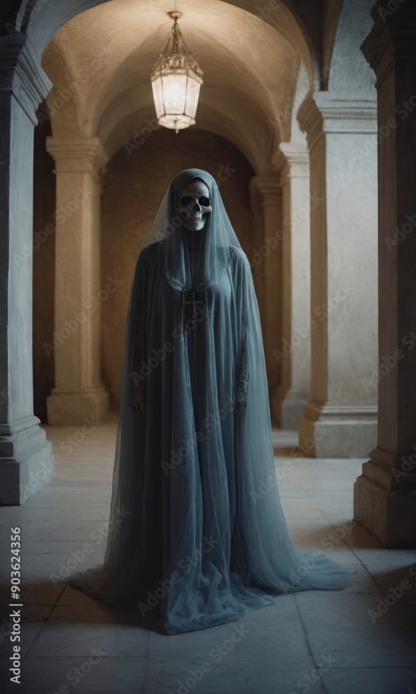 Naklejka premium A ghost in a shroud, in a castle