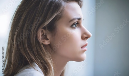 Close-up profile of woman with anxirty , anxious and frustrated emotion, emotional distress and sress