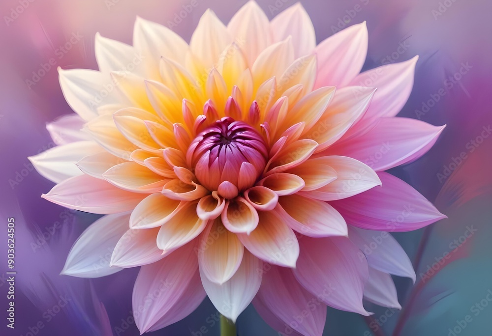Obraz premium Close-up of a vibrant, multi-colored dahlia flower with soft, delicate petals in shades of pink, orange, and purple against a blurred, pastel background, bold and slim lines, brush strokes