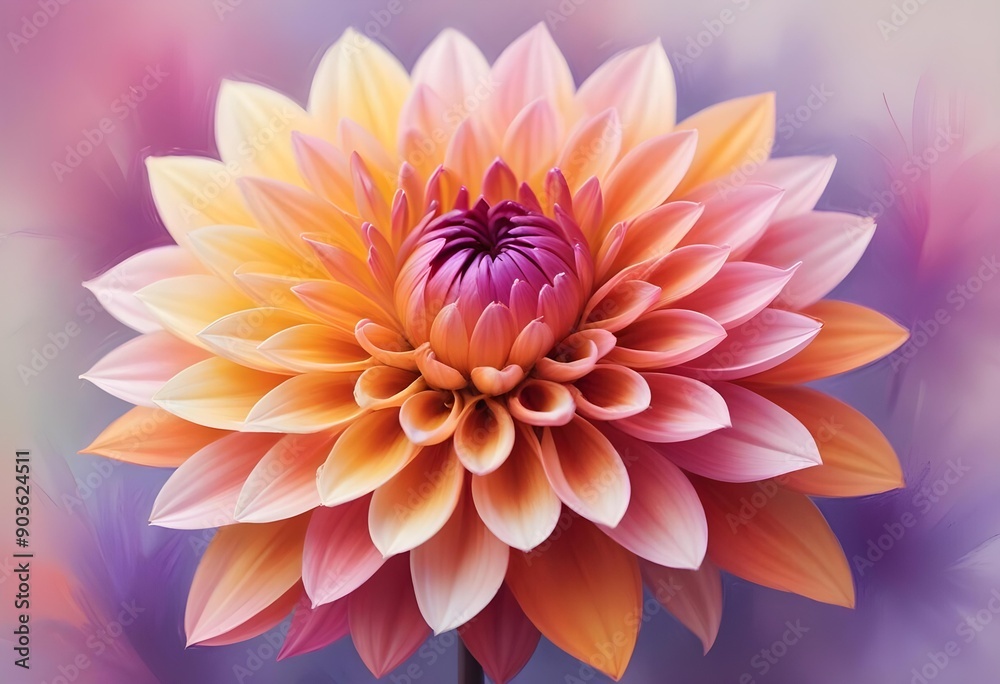Close-up of a vibrant, multi-colored dahlia flower with soft, delicate petals in shades of pink, orange, and purple against a blurred, pastel background, bold and slim lines, brush strokes Close-up of a vibrant, multi-colored dahlia flower with soft, delicate petals in shades of pink, orange, and purple against a blurred, pastel background, bold and slim lines, brush strokes