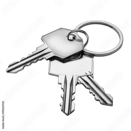 Set of Three Metallic Keys on a Key Ring Isolated Against a White Background photo