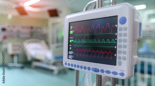 Closeup of a digital heartbeat monitor displaying the vital signs and waveform of a newborn baby s heart in a hospital nursery or pediatric ward photo