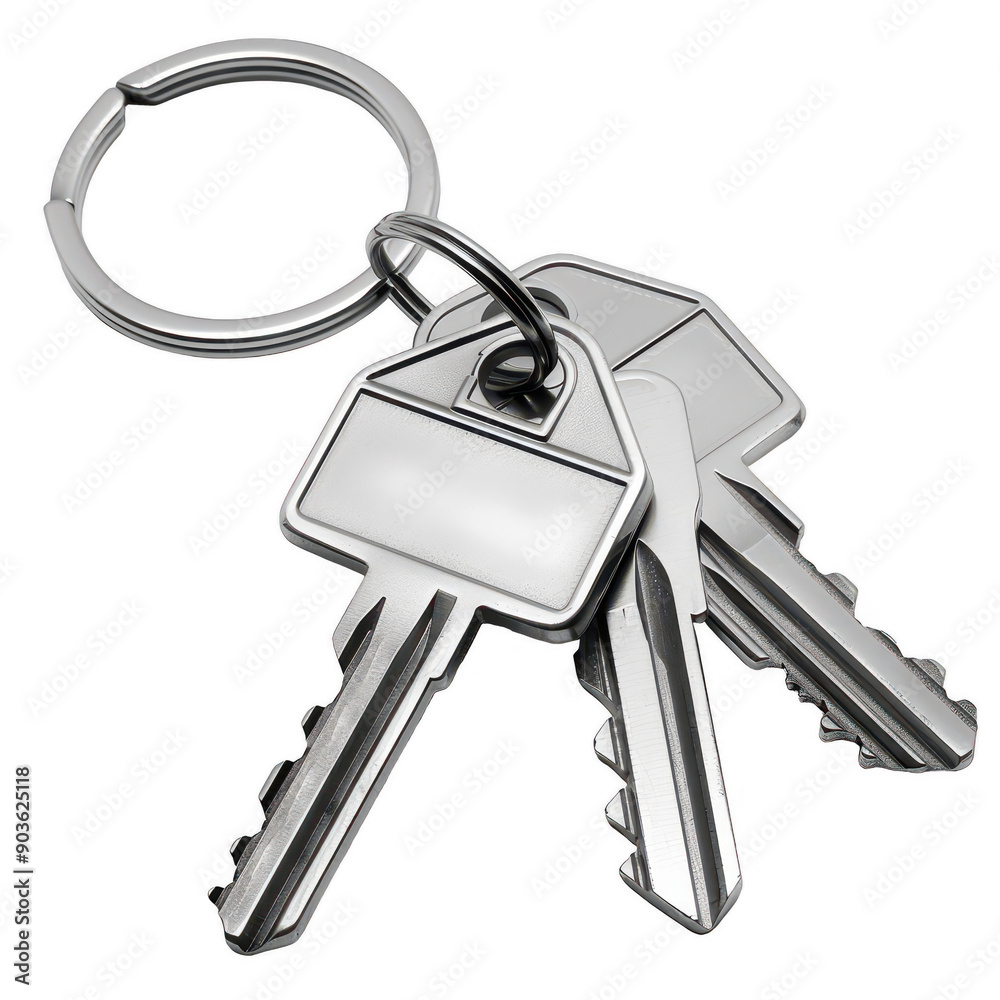 Set of Silver Keys with Keyring and White Tag on White Background High Resolution Close-up Picture Set of Silver Keys with Keyring and White Tag on White Background High Resolution Close-up Picture