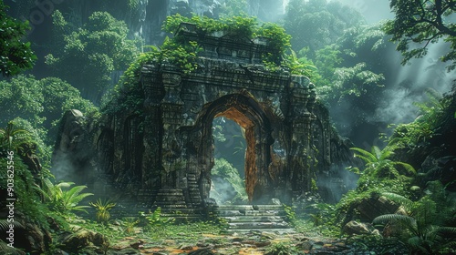 Fototapeta Naklejka Na Ścianę i Meble -  The cracked and weathered entrance to a cave surrounded by dense jungle vegetation and foliage