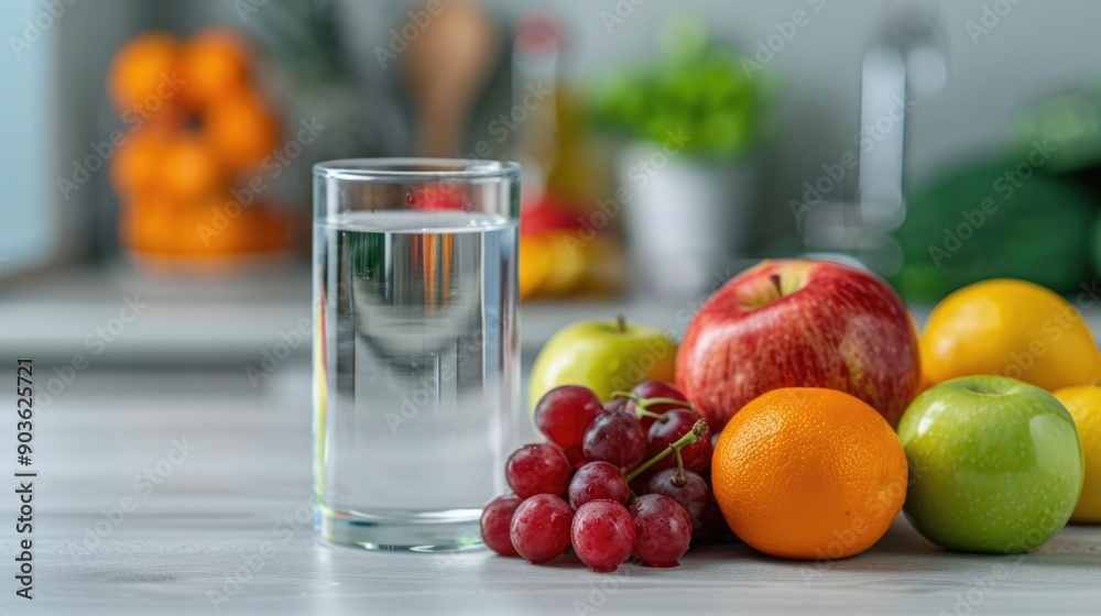 Healthy and Nutrition Tips with a Glass of Water and an Assortment of Fresh Fruits such as Apples Oranges and Grapes Arranged on a Wooden Table in a Still Life Setting Healthy and Nutrition Tips with a Glass of Water and an Assortment of Fresh Fruits such as Apples Oranges and Grapes Arranged on a Wooden Table in a Still Life Setting
