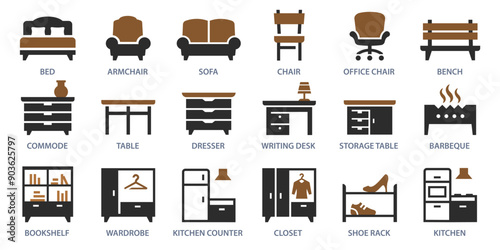 Furniture icon set. Collection of sofa, kitchen, chair, dresser and more. Vector illustration. Easily changes to any color.