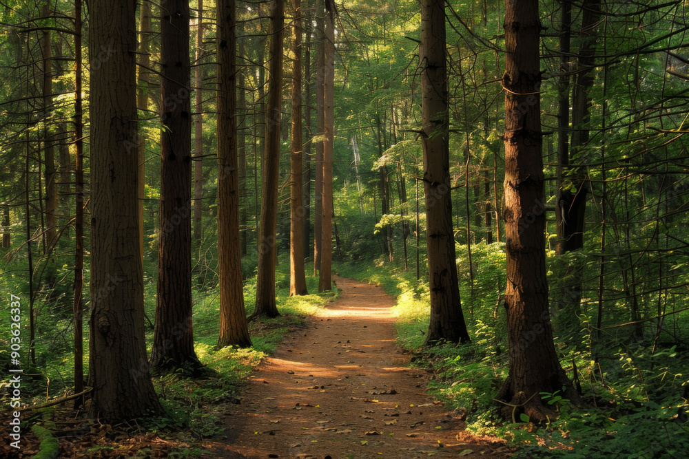 Fototapeta premium Sunlit Path Winding Through Dense Forest