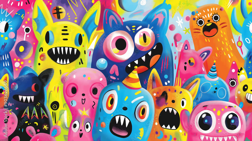 A colorful drawing of many different monsters with big eyes and mouths A colorful drawing of many different monsters with big eyes and mouths