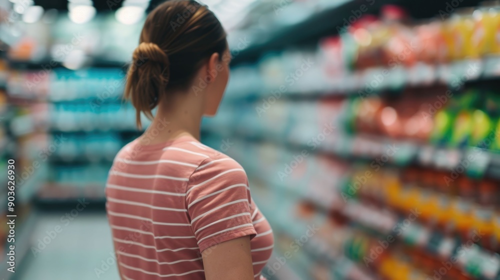 Blurred image of an expectant mother shopping for baby supplies and groceries in the aisles of a retail store focused on the shelves and merchandise with a shallow depth of field Blurred image of an expectant mother shopping for baby supplies and groceries in the aisles of a retail store focused on the shelves and merchandise with a shallow depth of field