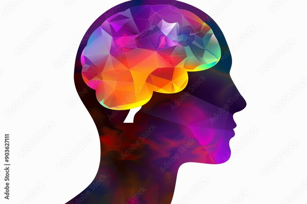 Obraz premium Multicolored abstract silhouette with brain illustration symbolizing creativity intellect and innovative thinking in a vibrant artistic style.