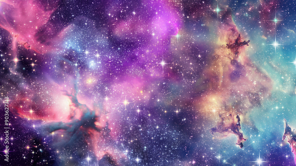 A breathtaking cosmic scene, dominated by a vast expanse of space filled with stars, nebulae, and other celestial phenomena. The nebulae are vibrant, displaying hues of purple, pink, and blue A breathtaking cosmic scene, dominated by a vast expanse of space filled with stars, nebulae, and other celestial phenomena. The nebulae are vibrant, displaying hues of purple, pink, and blue