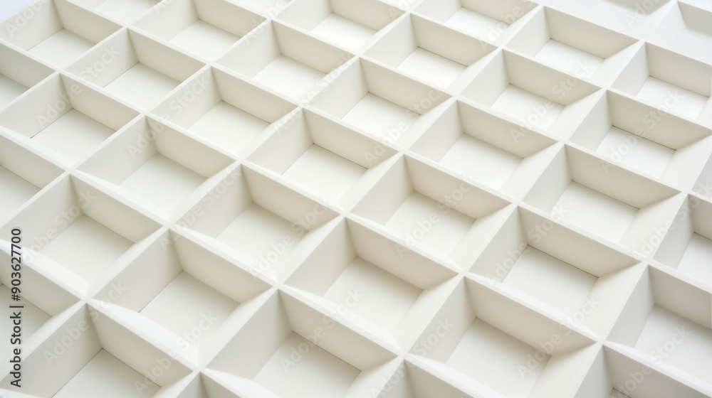 A white, three-dimensional grid-like structure composed of square tiles. These tiles are evenly spaced and vary in size, creating an intricate pattern. A white, three-dimensional grid-like structure composed of square tiles. These tiles are evenly spaced and vary in size, creating an intricate pattern.