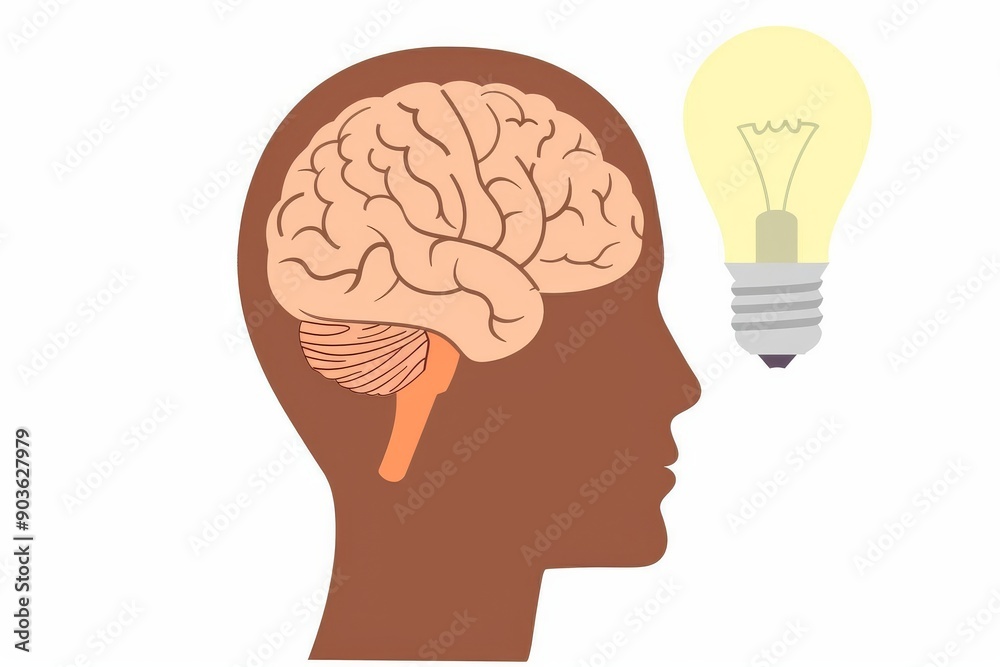 Obraz premium Brown human head with brain and light bulb illustration symbolizing creativity intellect and innovative thinking in a modern minimalist style.