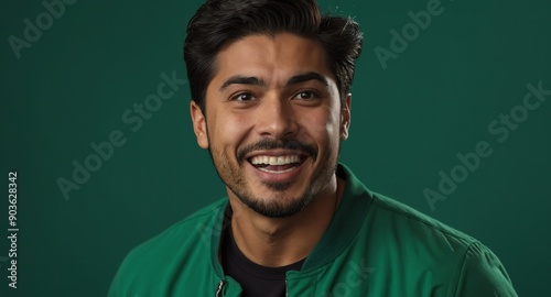 handsome hispanic guy in plain green background looking happy amazed surpised wow shocked expression with copy space © SevenThreeSky