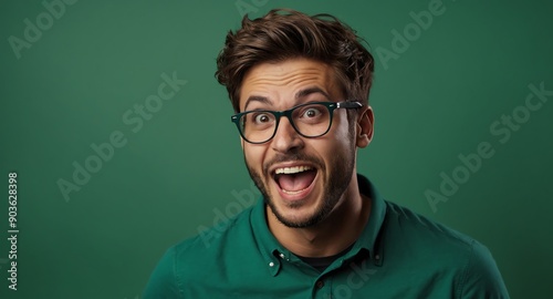 handsome nerd guy in plain green background looking happy amazed surpised wow shocked expression with copy space © SevenThreeSky