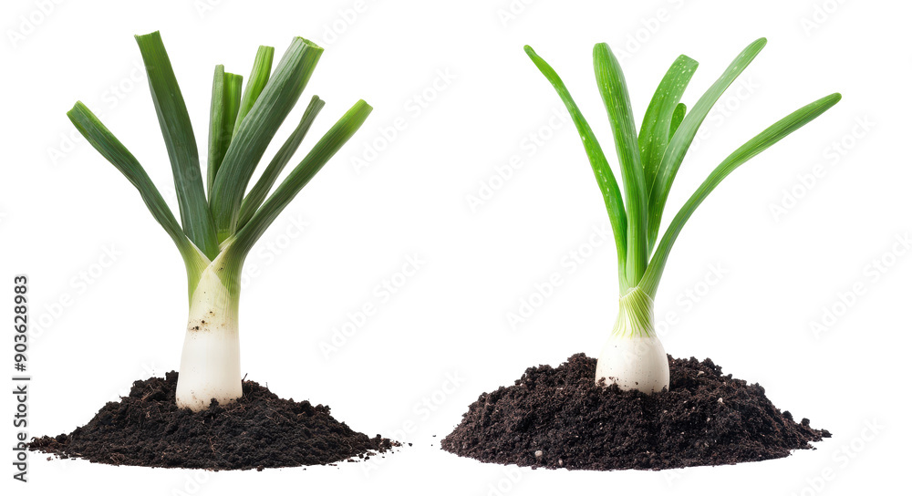 Onion growing in soil on white background. Onion growing in soil on white background.