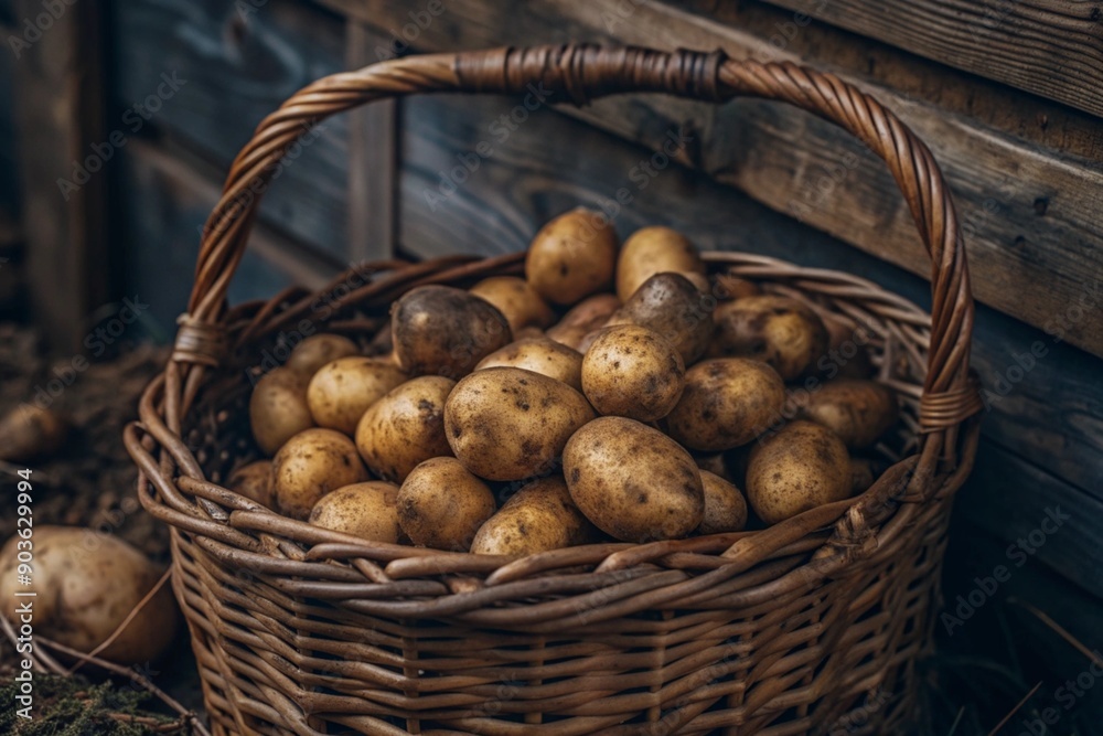 The concept of growing food. Fresh organic new potatoes at the farmer's market. A rich harvest of tubers in a wicker basket. The concept of growing food. Fresh organic new potatoes at the farmer's market. A rich harvest of tubers in a wicker basket.