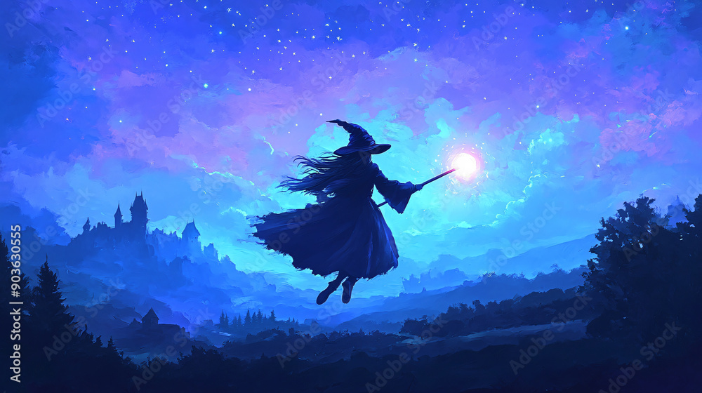 Enchanting Witch Flying on Broomstick in Mystical Night Sky with Glowing Orb and Spooky Landscape Background Enchanting Witch Flying on Broomstick in Mystical Night Sky with Glowing Orb and Spooky Landscape Background