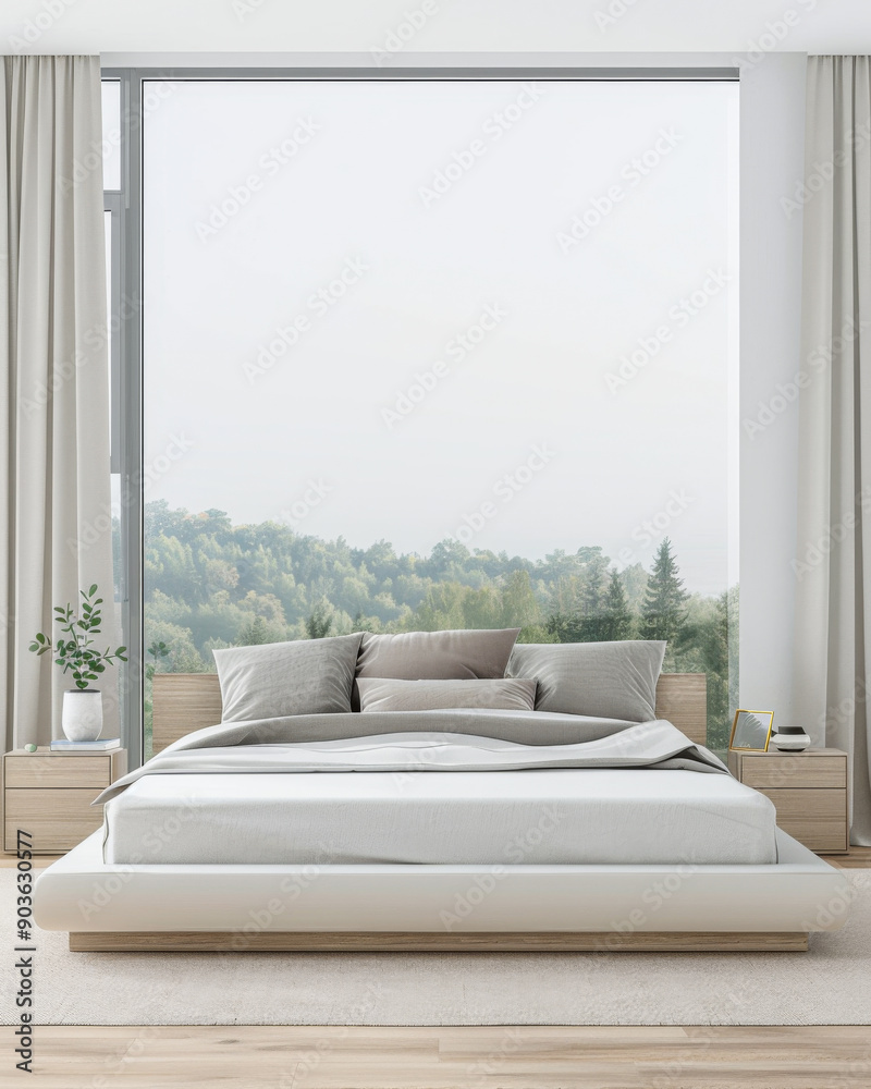Fototapeta premium Luxury bedroom interiors with a modern bed next to a large window. Plain lighting and colors composition.