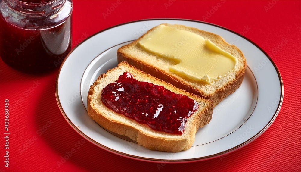 Bread butter jam sandwich slices on red background Bread butter jam sandwich slices on red background