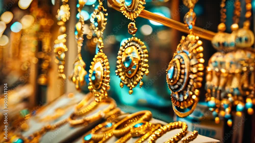 Traditional old oriental jewelry made of gold and gems, displayed in an old middle eastern jewelry store Traditional old oriental jewelry made of gold and gems, displayed in an old middle eastern jewelry store