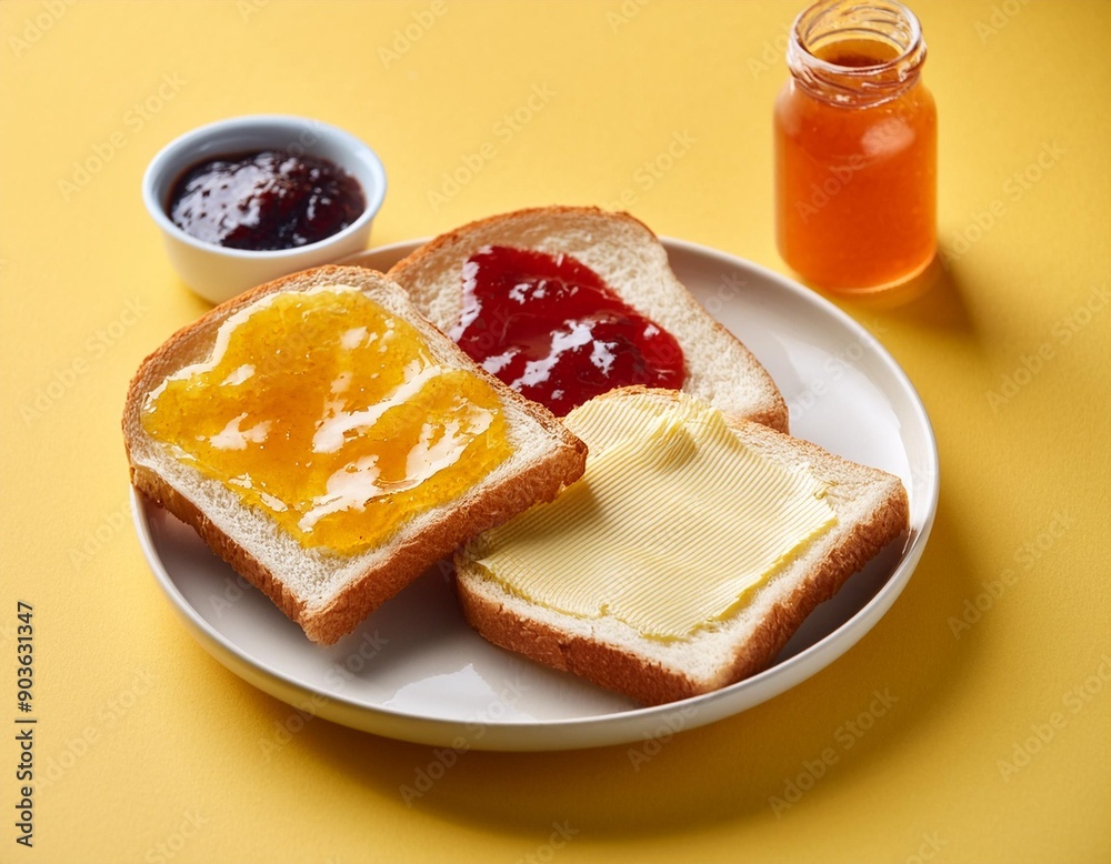 Bread butter jam sandwich slices on yellow background Bread butter jam sandwich slices on yellow background